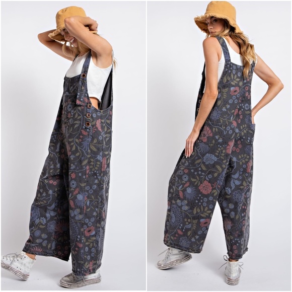 Easel Vintage Wash Floral Print Denim Oversized Overalls Jumpsuit - Picture 6 of 6